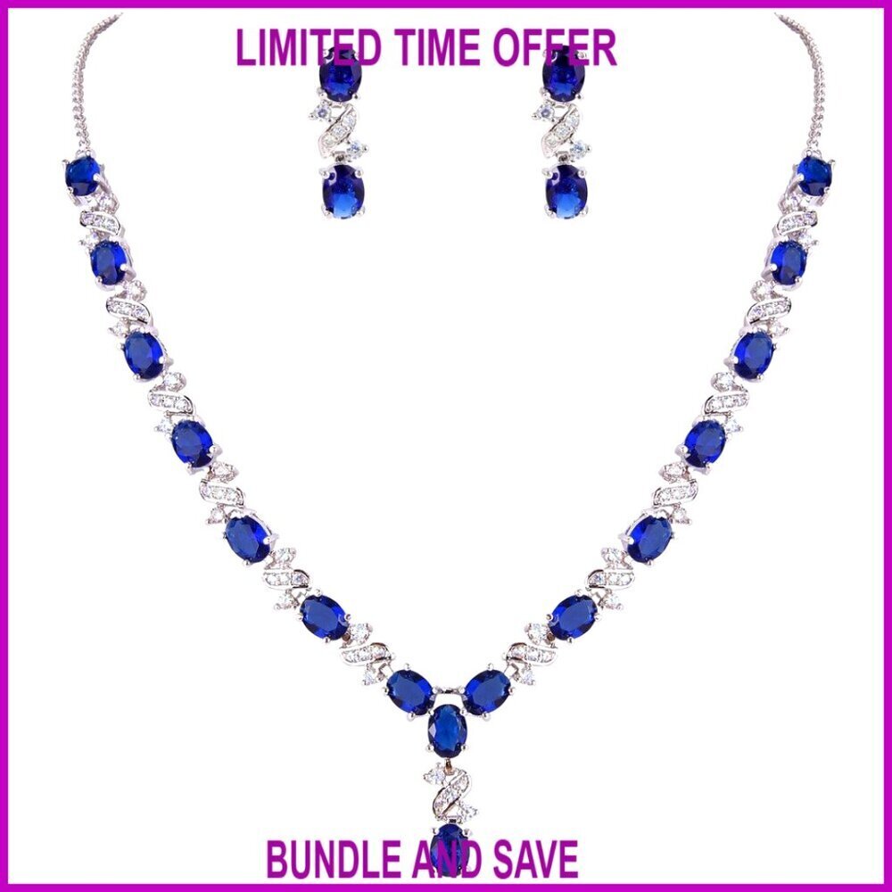 Silver-Tone Cubic Zirconia Oval Leaf Necklace Earrings Set Wedding Bridal